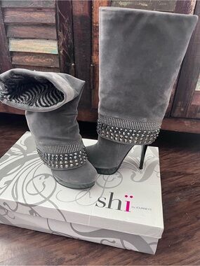 Shi by JOURNEYS Gray Suede Studded High-Heel Mid-Calf Boots